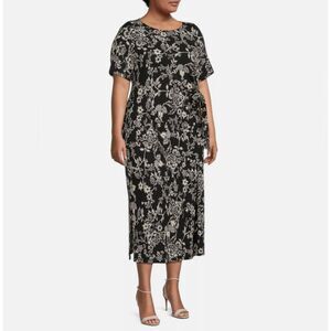 NEW Johnny Was 3X Black Floral Knit Midi Wrap Dress Plus Size Short Sleeve